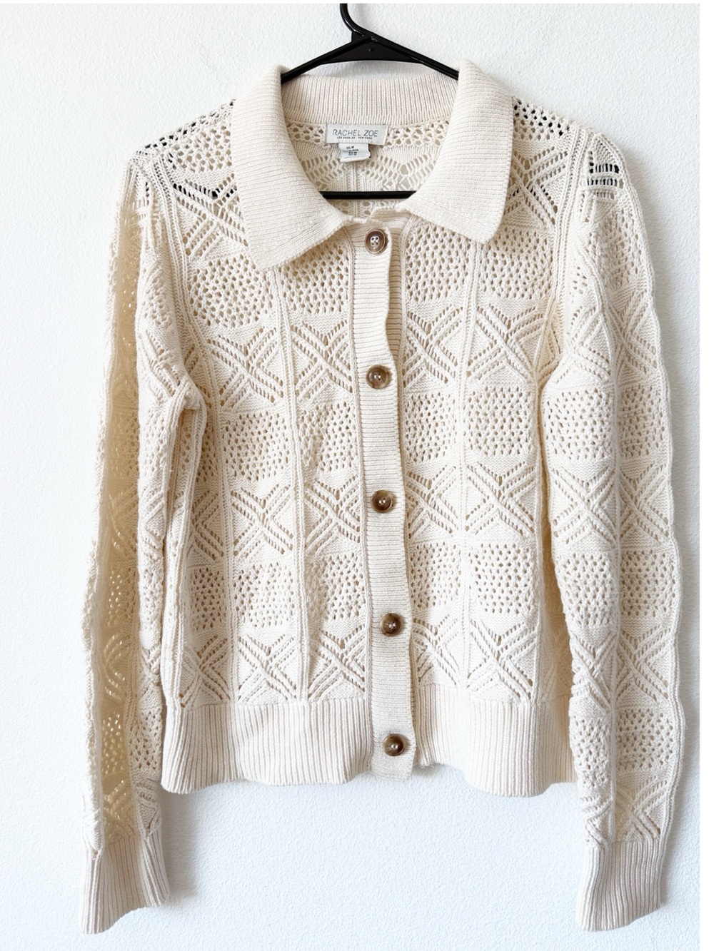 Rachel Zoe Ivory Open-Knit Collared Button Cardigan